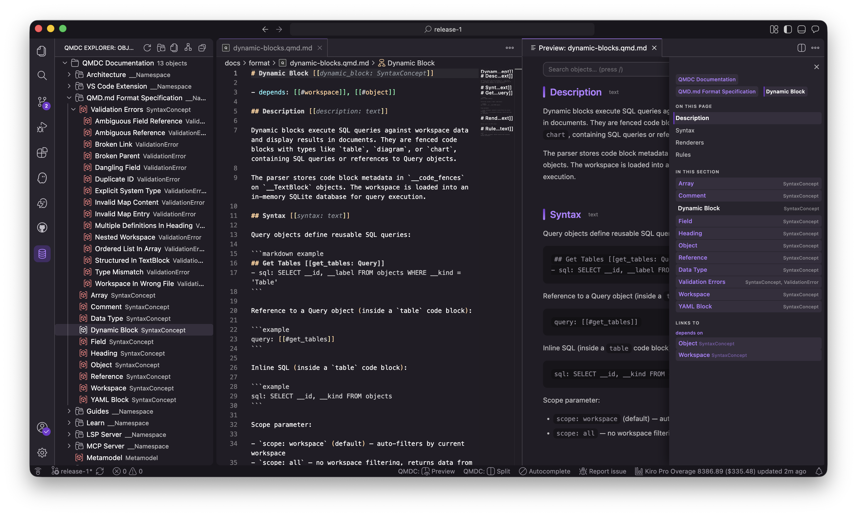 A .qmd.md file open in VS Code with the QMDC live preview beside it