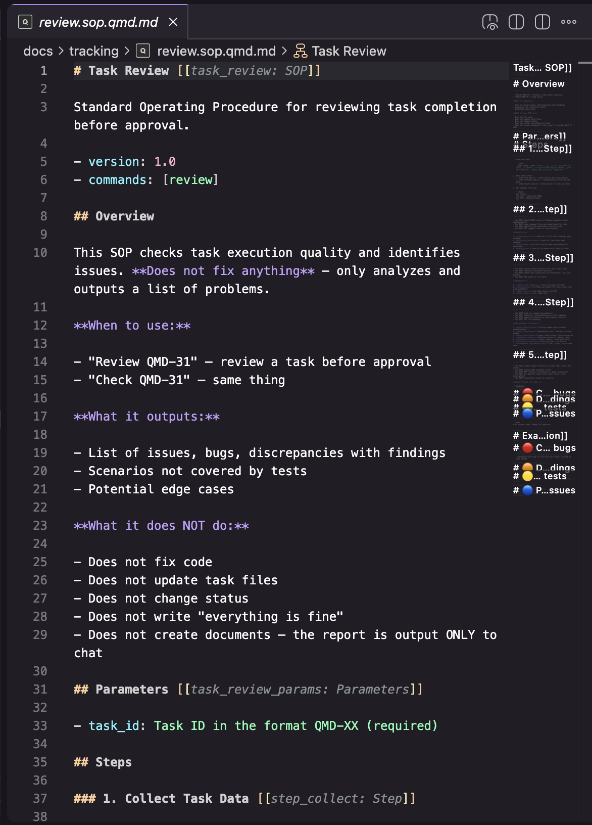 A .qmd.md file with syntax highlighting for ids, Kinds, references, and fields