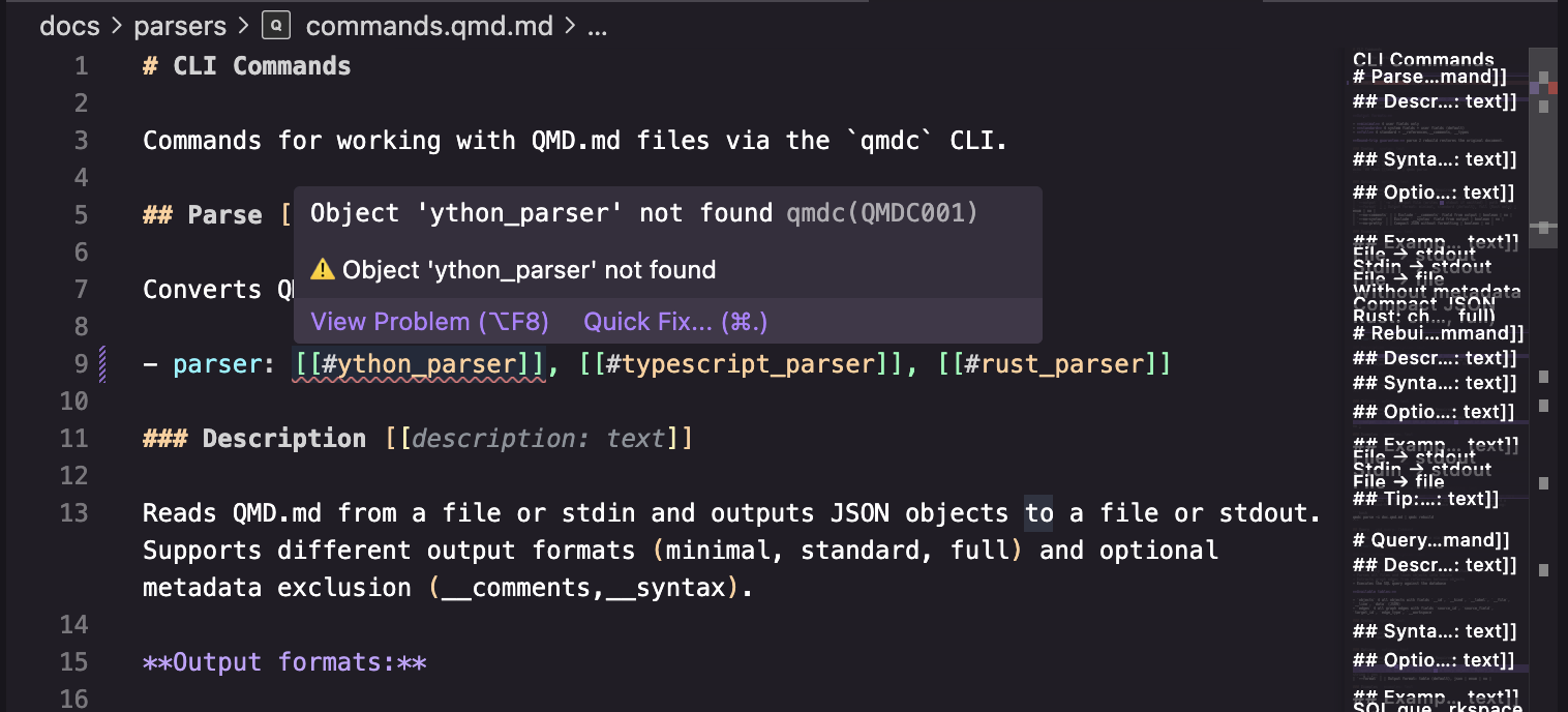 Broken-link diagnostic in the Problems panel
