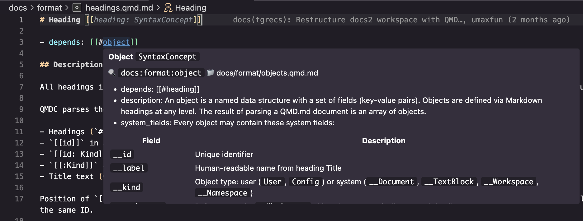 Hover tooltip on a reference showing its label, Kind, file, and fields